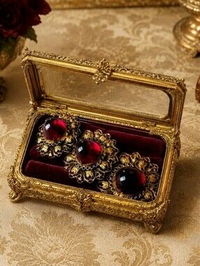 Dark Deep Red Triple Glass Dome Prong Set Brooch Brass Tone Filigree Vintage